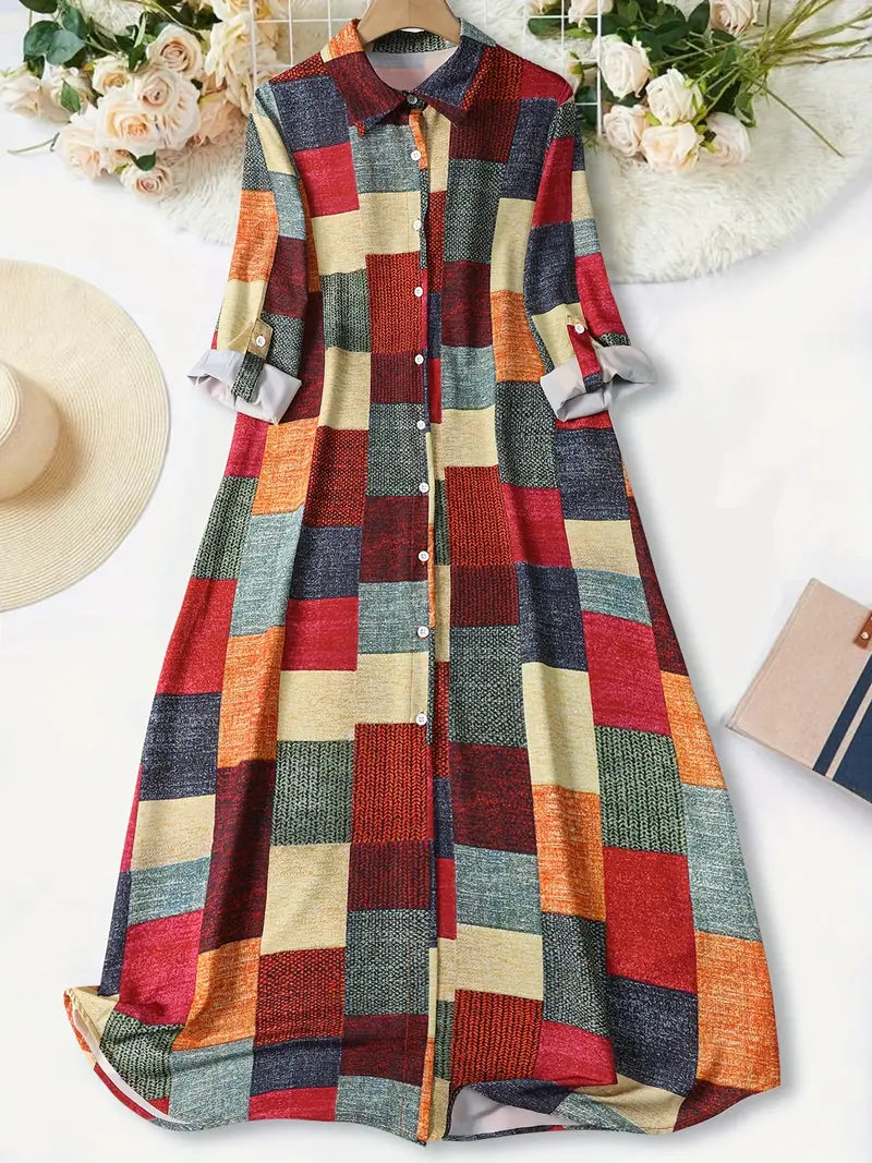 Abstract Art Print Long Sleeve Midi Dress